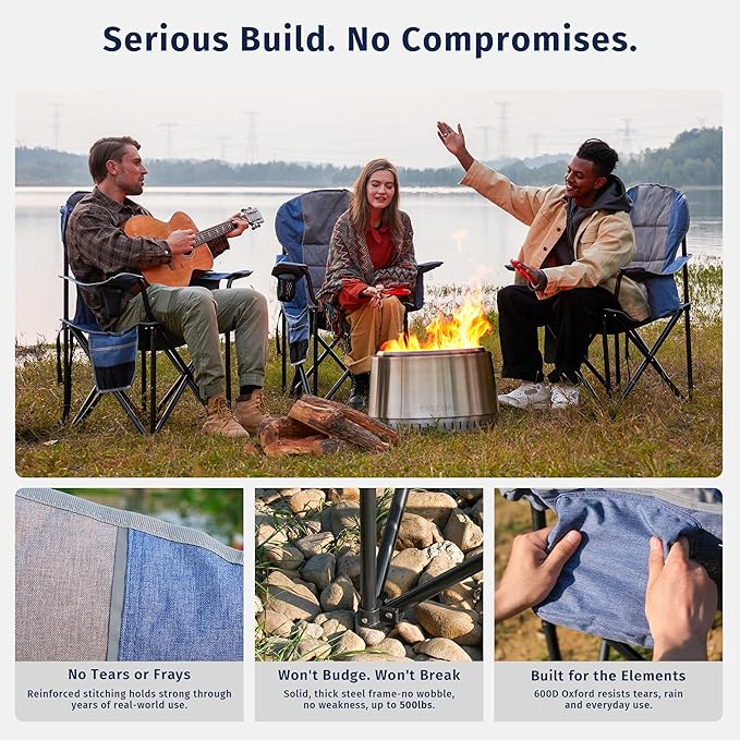 East Oak Oversized Camping Chair | Heavy Duty Camping Chairs | 500LBS Support 600D Oxford Cup Holder &amp Side Pocket | Ideal for Camping Beach Sports Events| Blue&ampGrey