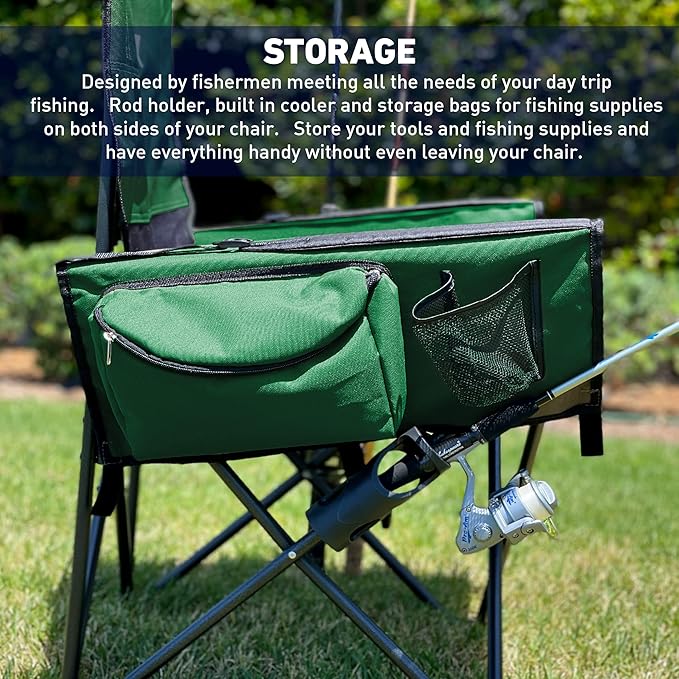 EASYGO PRODUCTS Fishing Chair with Rod Holder – Built in Cooler – Hands Free Fishing Pole Holder - Storage Pouch – Full Size Portable &amp Folding – Ruler for Measuring Fish Fishing Chair Green