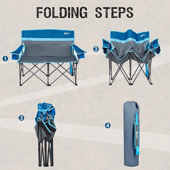 Portal 2 Person Camping Loveseat Folding Double Duo Camp Chair for Adults High Back Outdoor Support 500 lbs Blue