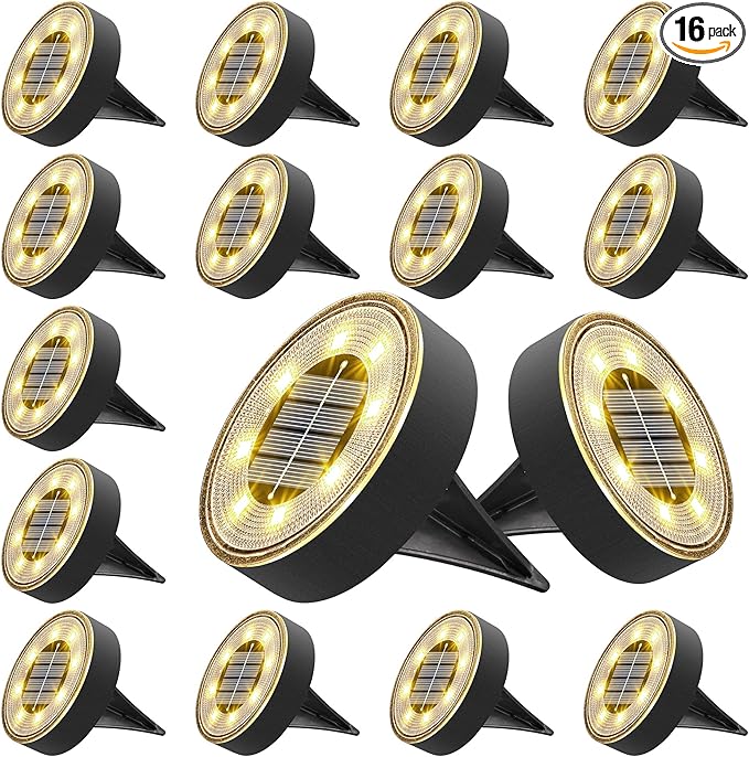 Joomer Solar Ground Lights 16 Pack 8 LED Solar Lights Outdoor IP68 Waterproof Disc Light In-Ground Landscape Lighting Outdoor for Patio Pathway Lawn Yard Driveway Walkway (Warm White)