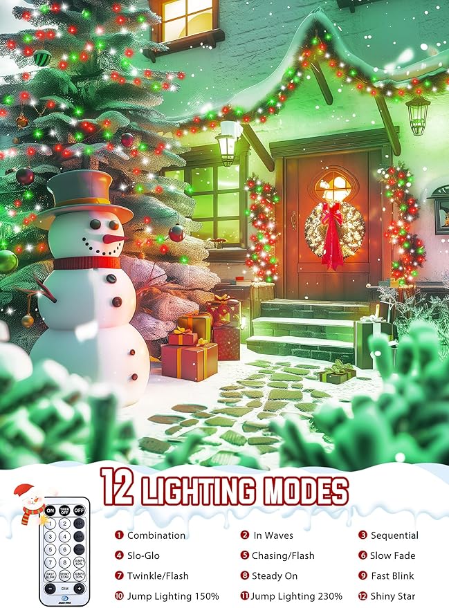 Christmas Tree Firecrackers String Lights - 1000 LED 50 Ft Outdoor Cluster Lights 12 Modes Timer Remote Waterproof Plug-in Twinkle for Xmas Tree Red Green &amp Cool White
