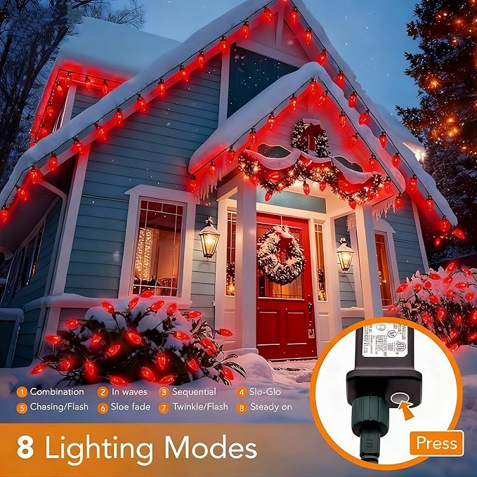 C9 LED Christmas Lights Outdoor33 Feet 50 LED 8 Lighting Modes Waterproof Connectable Christmas String Lights for Outside Roofline Patio Home Xmas Decorations (Red)
