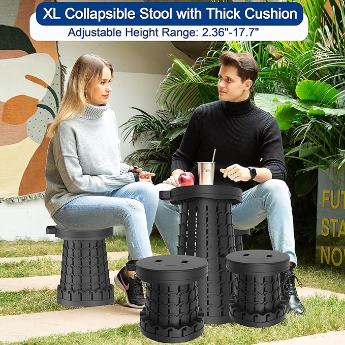 2026 Upgraded 45cm Collapsible Stool with Cushion Maximum Loading 440 Pounds Portable and Lightweight Adjustable Seat Camping Retractable Stool for Outdoor Camping Fishing Hiking BBQ