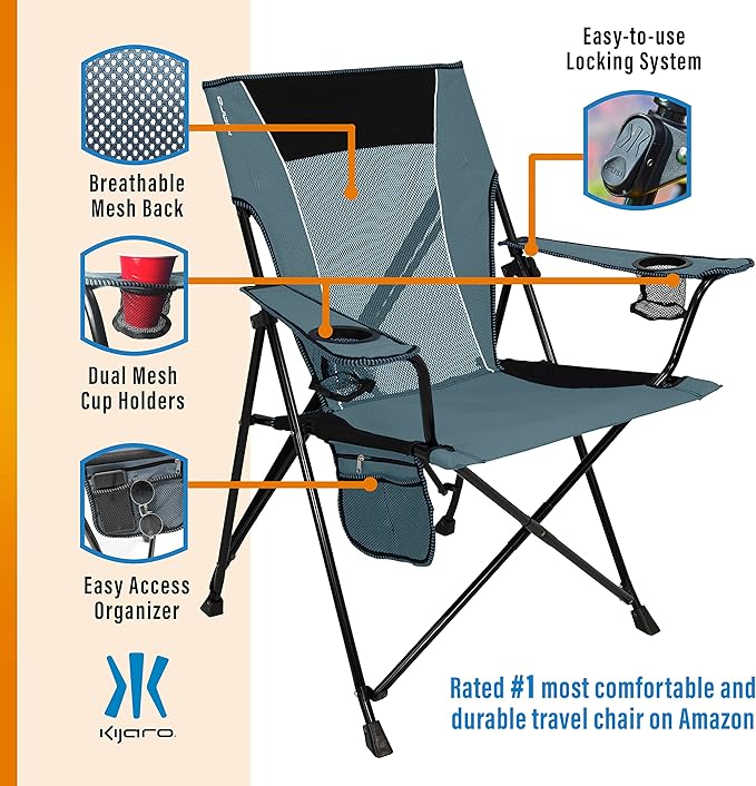 Kijaro Portable Camping Chairs - Enjoy the Outdoors with a Versatile Folding Sports Chair for Outdoor &amp Lawn - Dual Lock Feature Locks Position – Hallet Peak Gray