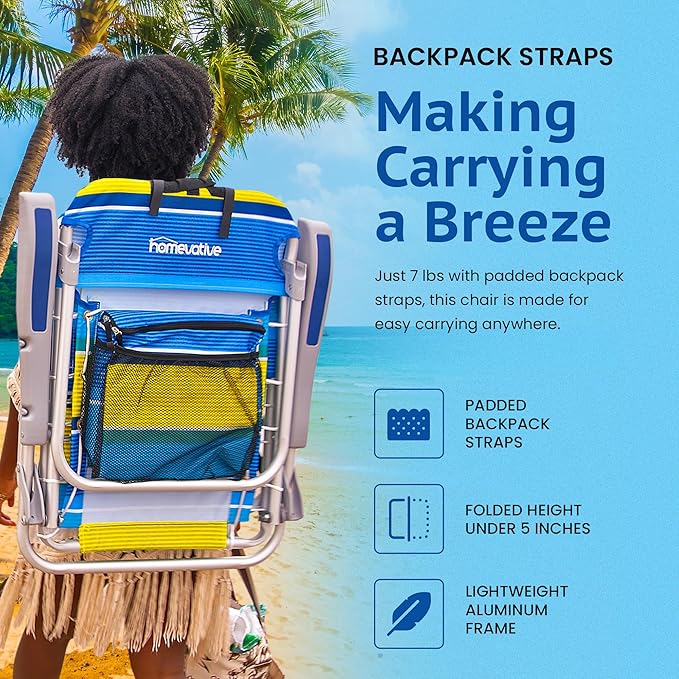 Homevative Backpack Fold-Up Beach Chair 5 Positions Towel bar Cooler Storage Pouch Cup Holder and Phone Pocket