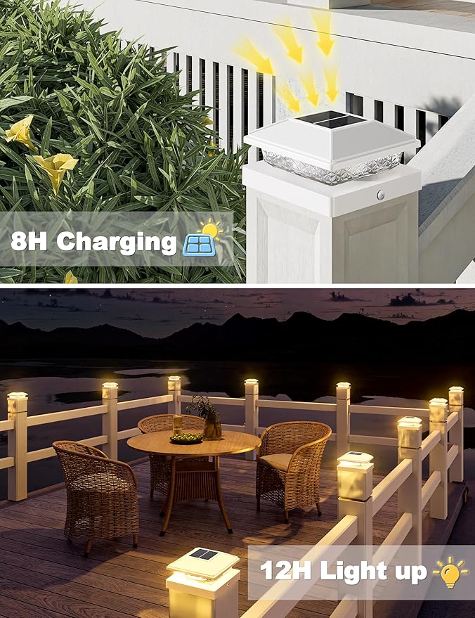 VOLISUN 4x4 Solar Fence - Post Lights 8pack Post Cap Light Outdoor Waterproof Whtie Deck Cap Light Solar Powered with Warm Whitefor 4x4 Wooden/4x4 or 5x5 Vinyl