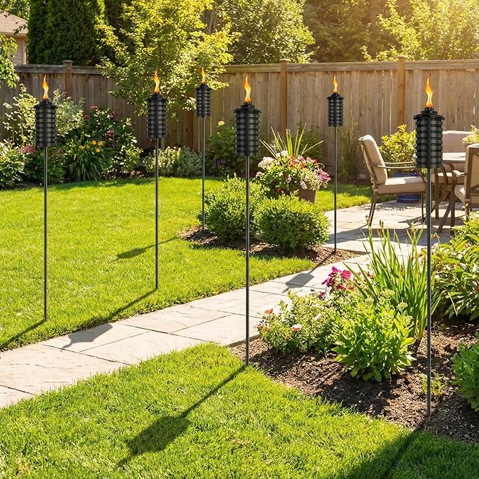 6-Pack Home Garden Torch 16 Oz Outdoor Black Metal Torch Garden Décor60-Inch Upgraded Citronella Torches with 5-Prong Grounded Stake Metal Light Torches for Party Patio Pathway