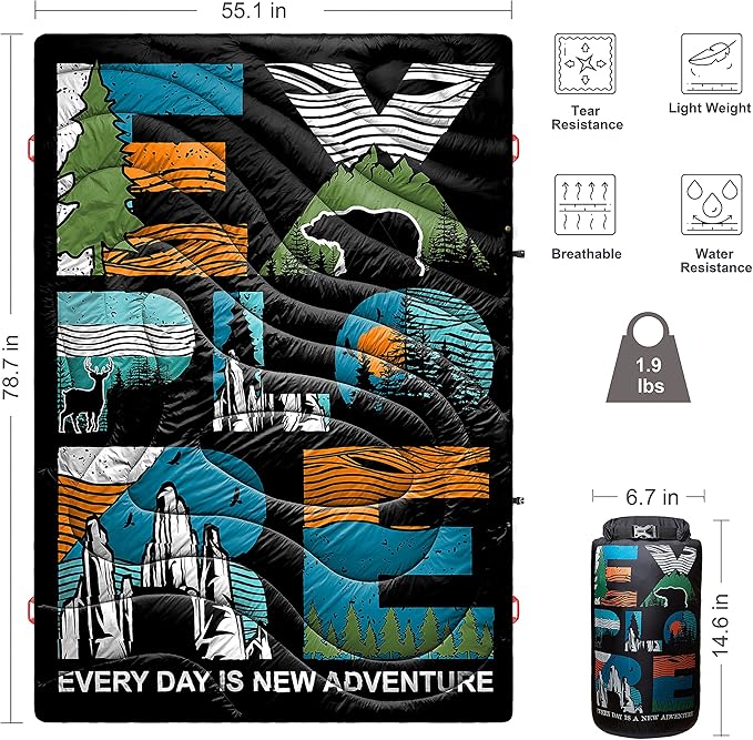 ECOSILK Puffy Blanket for Camping Traveling Picnics | Wearable Waterproof Lightweight Packable Outdoor Travel Blanket Airplane w. Stuff Sack for Stadium Car Festival | 55 X 79 in