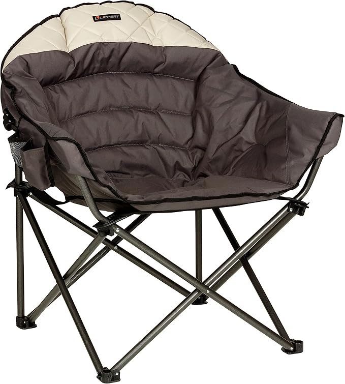 Lippert Big Bear Duotone Camping Chair - Dark Grey with Sand Accent Comfortable Round Shape Oversized Pillow Cushions Powder Coated Steel 600D Polyester Fabric 300 lb. Capacity 2022114817