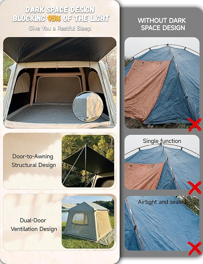 Inflatable Tents for Camping - Blackout Interior for Better Sleep Blow Up Tent with Hand Pump &amp Awning Quick Setup Waterproof Oxford Air Glamping Inflatable House for Camping Tent 4 Person