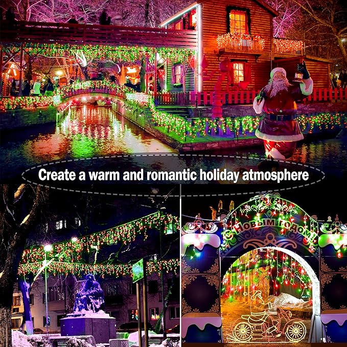KNONEW 99ft 1216 LED Christmas Lights Outdoor Decorations with 228 Drops 8 Modes Curtain Fairy Light Clear Wire LED String Light Decor for Wedding Party Christmas (Red and Green)