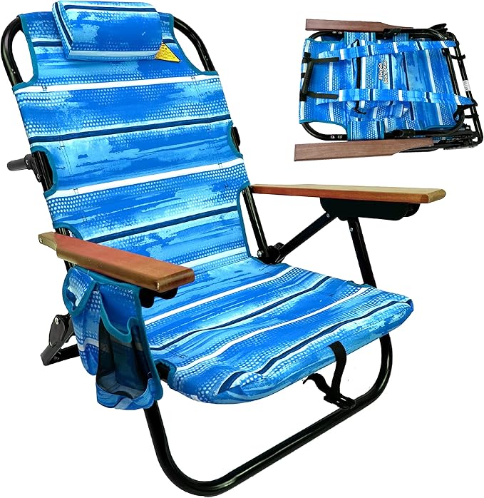 EasyGo Product Backpack Beach Chair 5 Positions and Cup Holder Pouch on Side Padded Pillow Storage Bag on Back Lightweight Rustproof Aluminum Black Frame - 1 Pack Blue