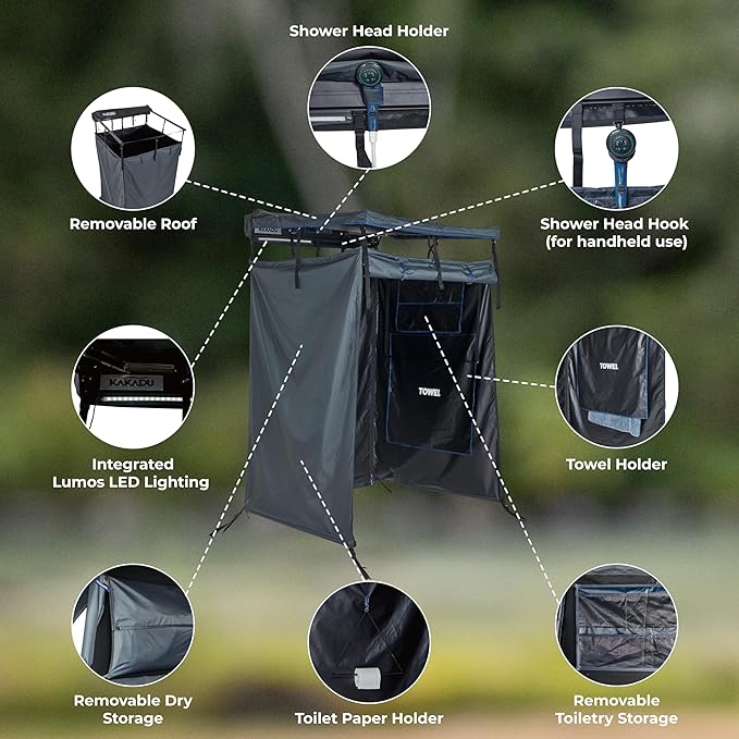 Kakadu Outback Shower Vehicle Tent Camping Privacy Shelter Bathroom Tent for Cars – with Roof LED Light BlockOut® Technology Towel Rod Storage System