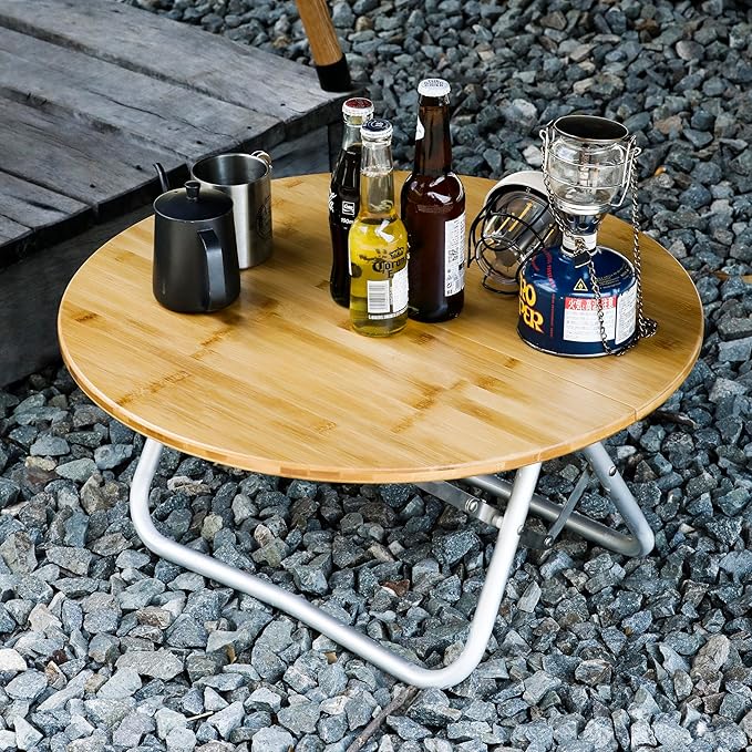 Bamboo Round Folding Table - Portable Low Camping Table for Indoor &amp Outdoor Picnic Barbecue Beach Party Half-Fold Design