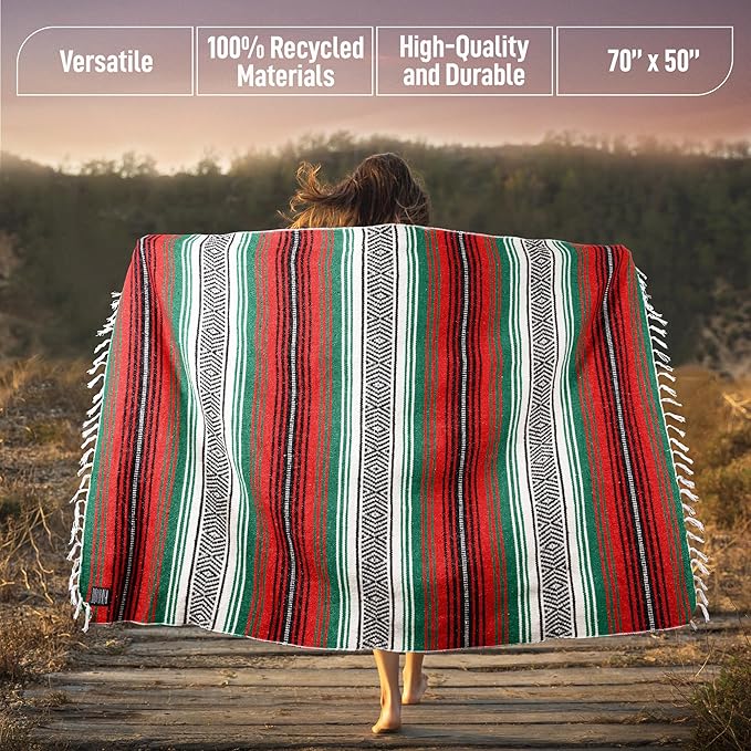 Hydration Nation Authentic Extra Large Mexican Blanket (70x50) - Handwoven Yoga Serape- Artisanal Falsa Beach Camping Picnic Outdoor - Storm Orange