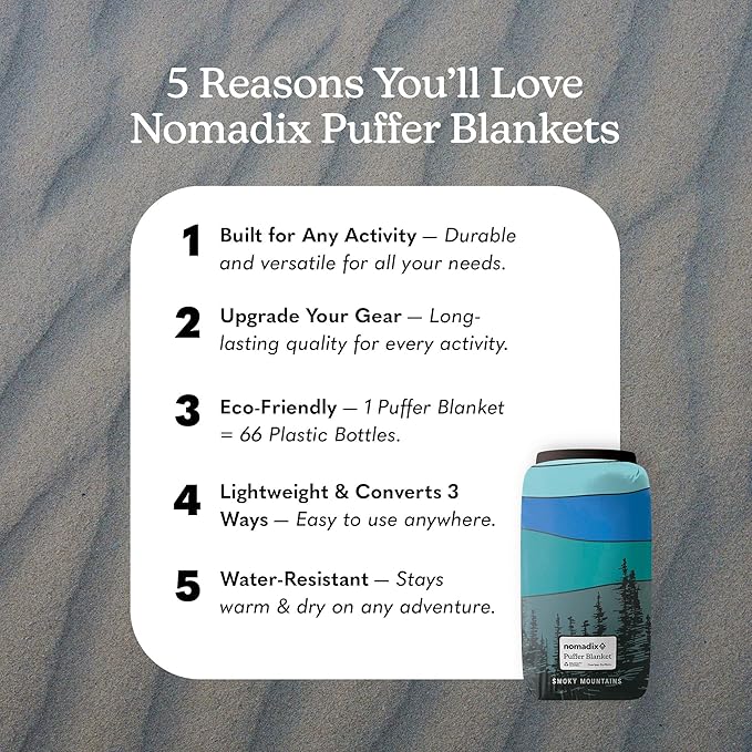 Nomadix Smoky Mountains Puffer Blanket – Water-Resistant Eco-Friendly Insulated Blanket with Snaps for Camping Beach and Travel Made from Recycled Materials