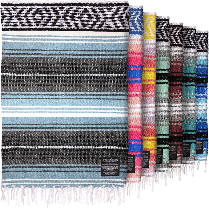 Hydration Nation Authentic Large Handwoven Mexican Blanket - Soft Yoga- Durable Serape- Lightweight Falsa Beach Camping Picnic Outdoor Blanket 70x50 - Aqua Sky