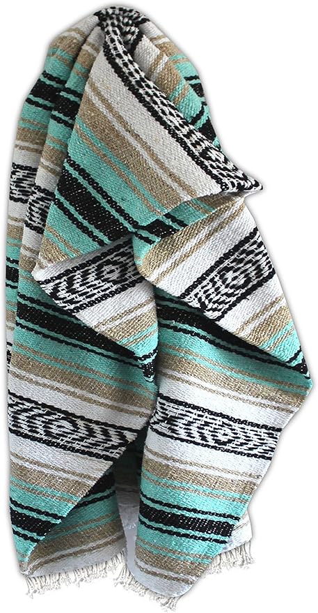 Del Mex Classic Mexican Blanket Large Authentic Woven Falsa Throw (70x50) Artisan Southwest Décor for Beach Yoga Outdoors (Mint/Tan)