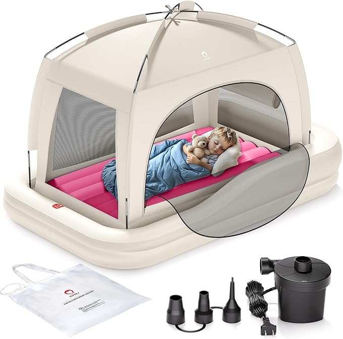 QPAU Inflatable Toddler Travel Bed with Tent Portable Kids Air Mattress with Safety Sides Ideal for Home Grandma's Camping Traveling -Includes Fast Electric Pump