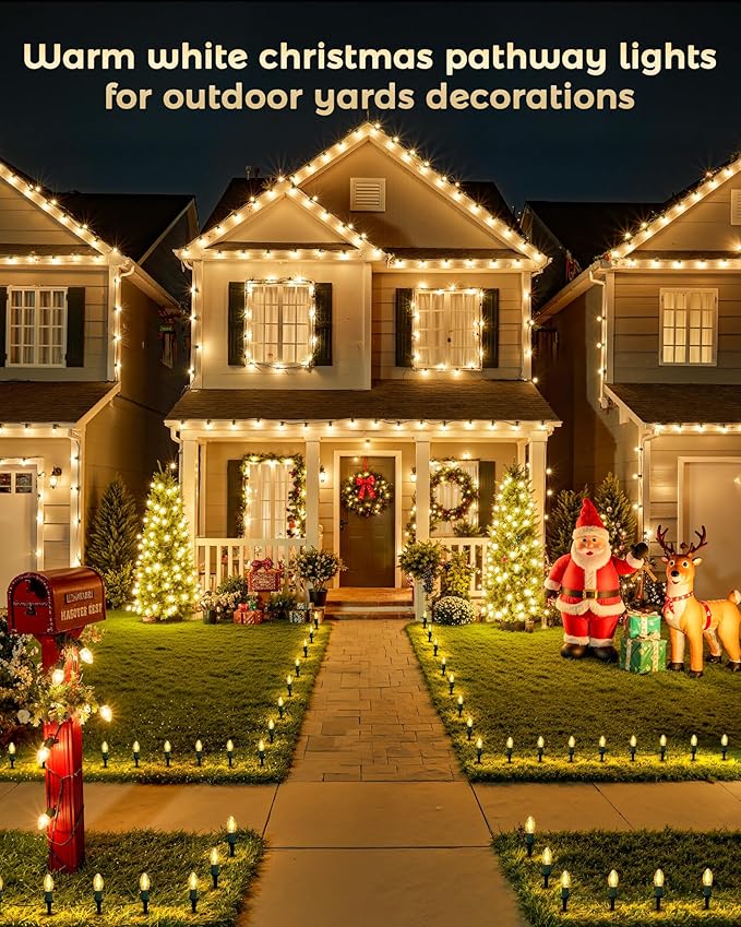 C9 Christmas Lights Outdoor 4 Packs Total 102.8 Ft 80 Bulbs Christmas Pathway Lights Waterproof Walkway Lights for Outside Driveway Sidewalk Outdoor Decorations Yard Clear