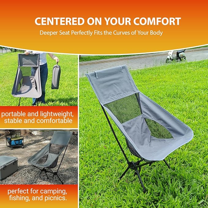 IEJ High Back Camping Chair Ultra-Lightweight Compact Folding Backpacking Chair for Adults with Carry Bag Quick Setup for Outdoor Camping Beach &amp Hiking Travel-Gray Green