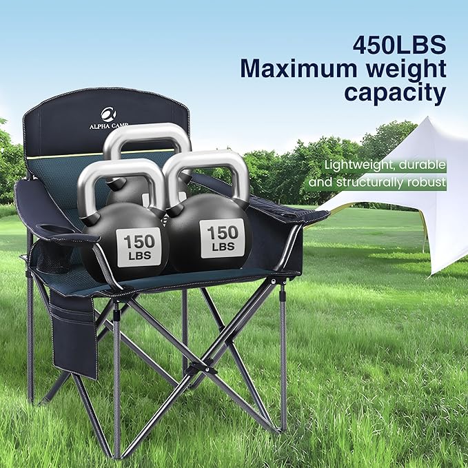 HIGH POINT SPORTS Oversized Camping Folding Chair Heavy Duty Portable Outdoor Chair Foldable Camp Chair with Cup Holder and Cooler Bag Support 450 LBS 2 Pack Green