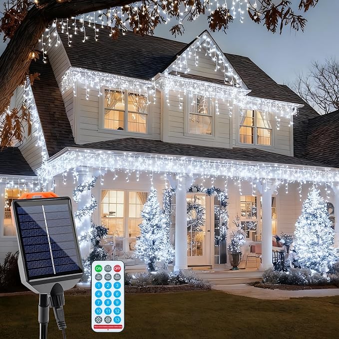 Solar Christmas Lights Outdoor 640LED 16Ft+60Ft Solar Icicle Lights Waterproof with 13 Modes Rechargeable for Outside Roof Fence Christmas Decorations