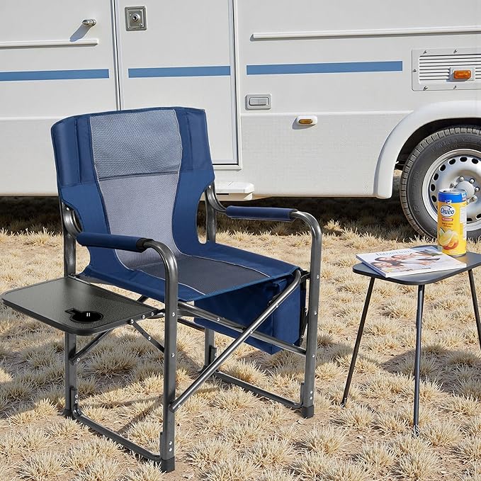 Camping Directors Chairs for Adults Heavy Duty with Table and Cooler Bag Oversized Portable Folding Chair for Beach Fishing Trip Picnic(Breathable Comfort Cushion Blue)