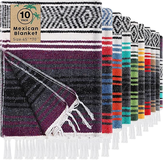 Oudain 10 Pack Mexican Blankets 45 x 70 Inch Cotton Woven Serape Throw Blanket Baja Yoga Blanket for Beach Picnic Camping Boho Couch Decor Travel Outdoor (Neutral Color)