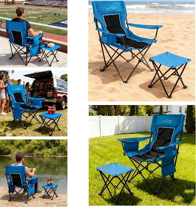 FAIR WIND Oversized Padded Camping Chair with Footrest Stool Heavy Duty Cooler Bag Chair for Fishing Tailgating Sports Games Backyard - Support 300 LBS Blue