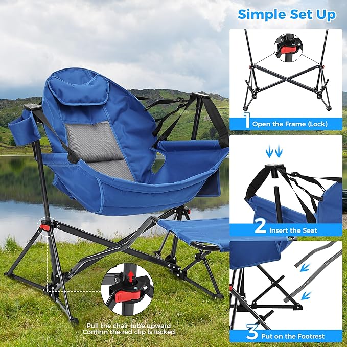 Ainfox Hammock Camping Chair with Footrest Heavy Duty Foldable Portable Rocking Hammock Chairs Outside Swinging Camp with Cup Holder Pillow for Outdoor Patio Poolside Blue 2 Pack