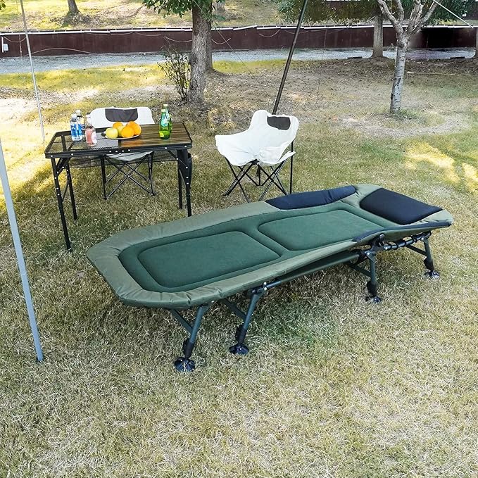 XXL Camping Cots for Adults 330Lbs with Carry Bag Heavy Duty Folding Bed with Soft Padded Cushion Portable Military Cot for Hunting 180° Adjustable Reclining Outdoor Lounger