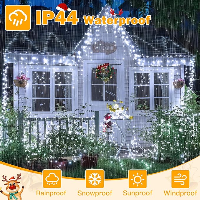 Ollny Icicle Lights Outdoor Cool White 600LED 49FT Christmas Lights with Remote 8 Modes Dimmable Waterproof Connectable Timer Hanging Light for House Outside Yard Indoor Decorations