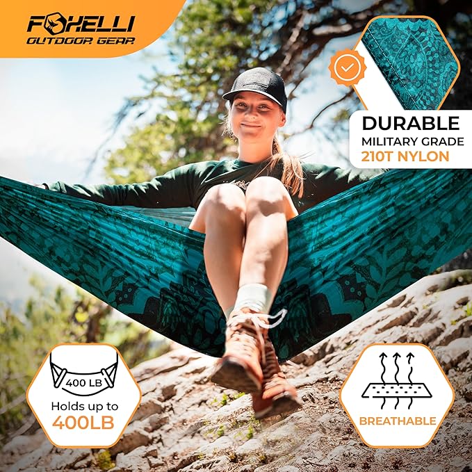 Foxelli Camping Hammock – Ultralight Hammock for Backpacking Hiking Festivals Travel - Easy Setup with Tree-Friendly Ropes &amp Steel Carabiners Heavy Duty Parachute Nylon