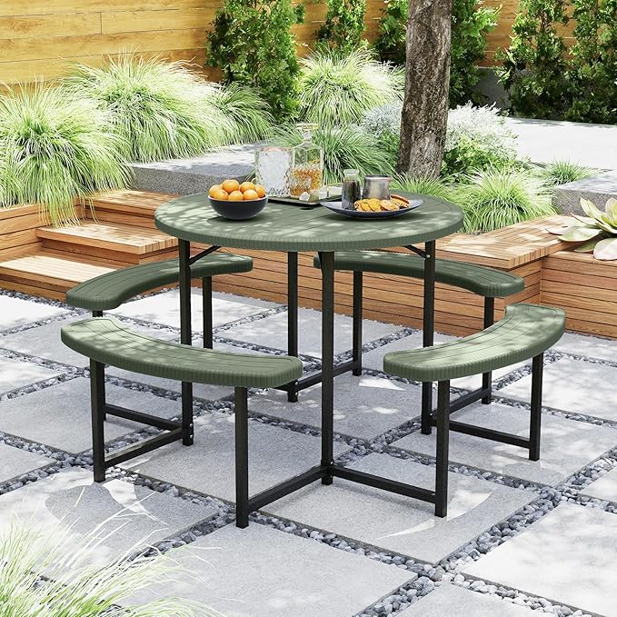 Giantex Picnic Table Bench Set for 4-8 Person Round 37” Outdoor Dining Table w/Umbrella Hole HDPE Tabletop Metal Frame Patio Furniture Set for Backyard Porch Lawn 1400lb Capacity (GreenRound)