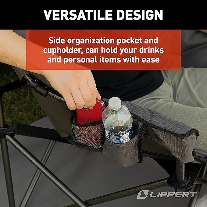 Lippert Big Bear Duotone Camping Chair - Dark Grey with Sand Accent Comfortable Round Shape Oversized Pillow Cushions Powder Coated Steel 600D Polyester Fabric 300 lb. Capacity 2022114817