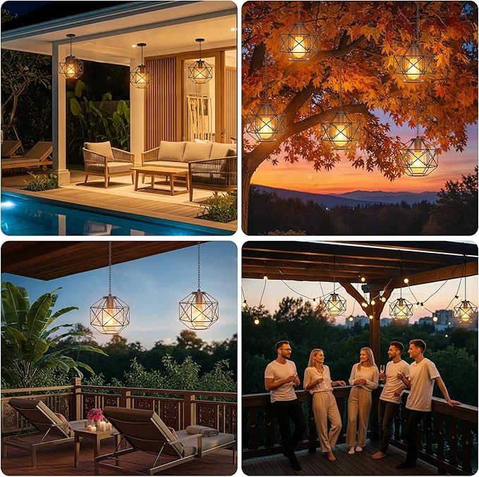 Hanging Solar Lantern7.8′′×7′′Outdoor Solar Lanterns Waterproof Pendant Light Outdoor Chandelier for Gazebo Patio Porch Garden Barn Tree Pergola Decor