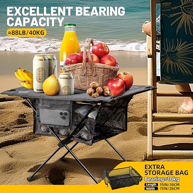 ZUNE LOTOO Portable Camping Table Folding Small Beach Table Foldable with Drink Holder &amp Mesh Storage &amp Carry Bag Compact Camp Tent Side Table for Picnic Tailgate Travel Outdoor Fishing Backp