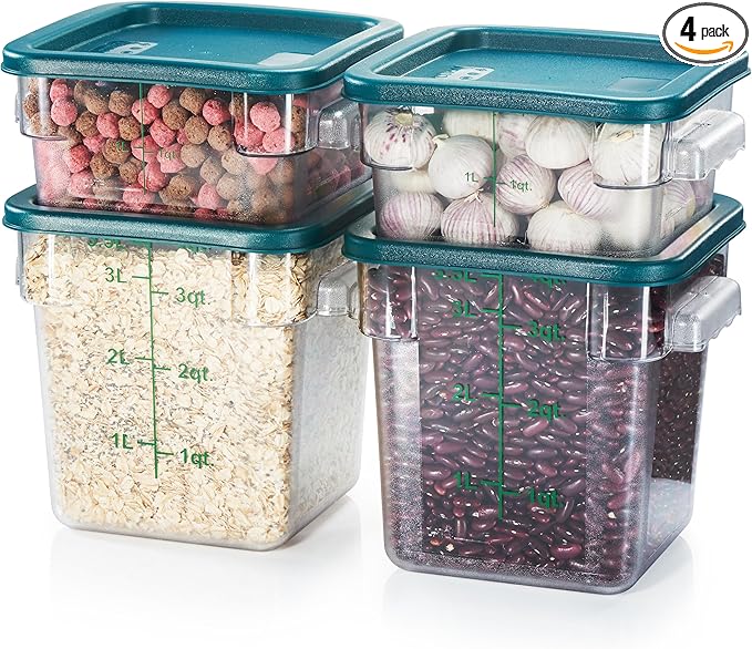 CURTA 4-Pack Food Storage Containers with Green Lids - 2 Qt &amp 4 Qt Square Clear Polycarbonate - NSF Listed Commercial Grade Freezer &amp Dishwasher Safe Stackable