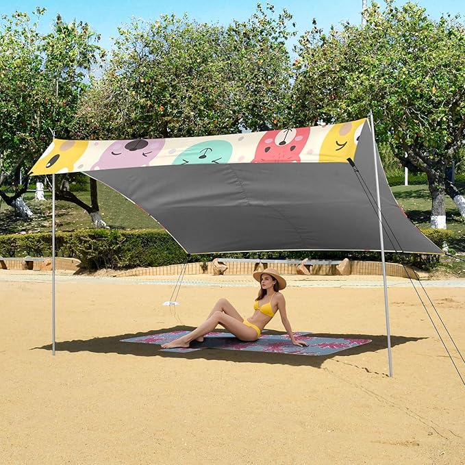 Bear Beach Canopy Sun Shelter with Sandbags &amp Sand Shovel &amp Windproof Ropes - Portable 110x126 Beach Shade Beach Tent for Camping Picnics