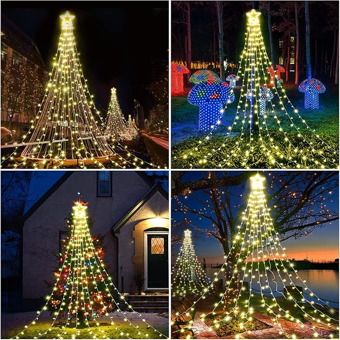 BlcTec Outdoor Christmas Decorations 317 LED Christmas Lights with 9 Strands 11.9ft Waterfall Christmas Tree Lights 8 Modes Waterproof Topper Star &amp Timer for Yard Patio Xmas Décor Warm White
