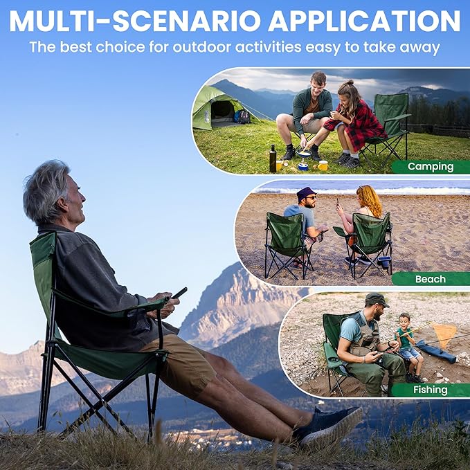 2 Pack Folding Camping Chairs for Adults Foldable Portable Beach Chairs with Carry Bag &amp Cup Holder Compact Design for Camping Beach Picnics and Fishing Supports 300LBS（Dark Green）