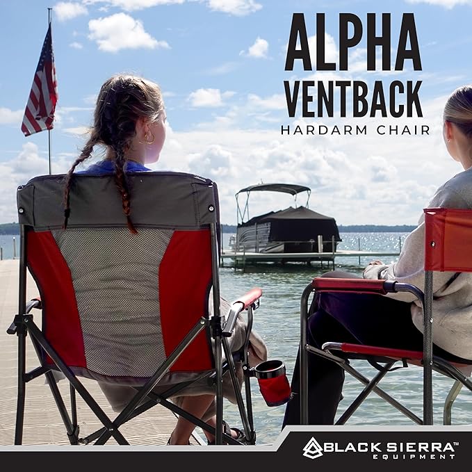 Black Sierra Camping Chair – Folding Portable Lawn &amp Beach Chair with Padded Hard Armrest Mesh Vented Back Spacious Cup Holder Carry Bag – Supports 300 lbs for Sports