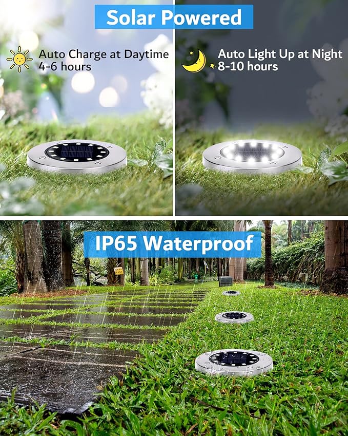 Biling Solar Outdoor Lights 12 Pack Bright 12 LEDs Solar Ground Lights Waterproof Flat Landscape Lighting Solar Powered for Yard Walkway Pathway Garden Driveway (White)
