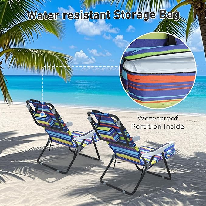BlueWish Backpack Beach Chair 2 Pack Beach Chairs for Adults with Water-Resistant Storage Bag Oxford Fabric 5 Adjustable Position Folding Beach Chair for Poolside Garden Backyard