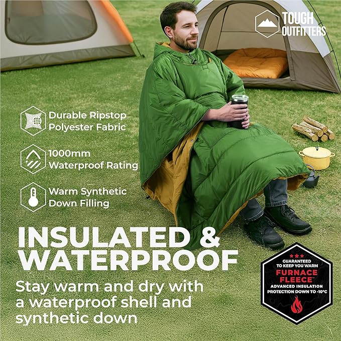 Tough Outdoors 5 in 1 Camping Poncho - Packable Blanket - Wearable Sleeping Bag Adult - Sleeping Bag Poncho - Waterproof