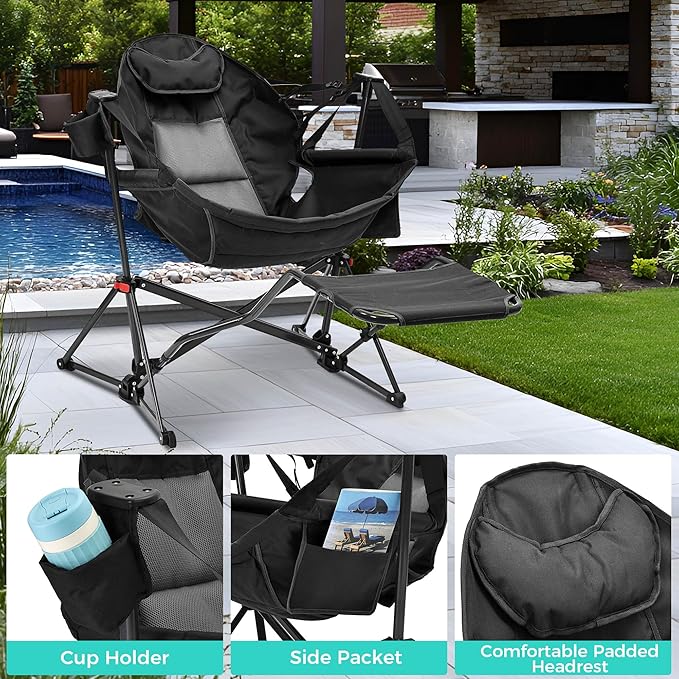Ainfox Hammock Chair with Footrest Oversized Swinging Portable Folding Camping Chairs for Adults Outside Swinging Camp with Cup Holder Pillow for Outdoor Patio Lawn Black