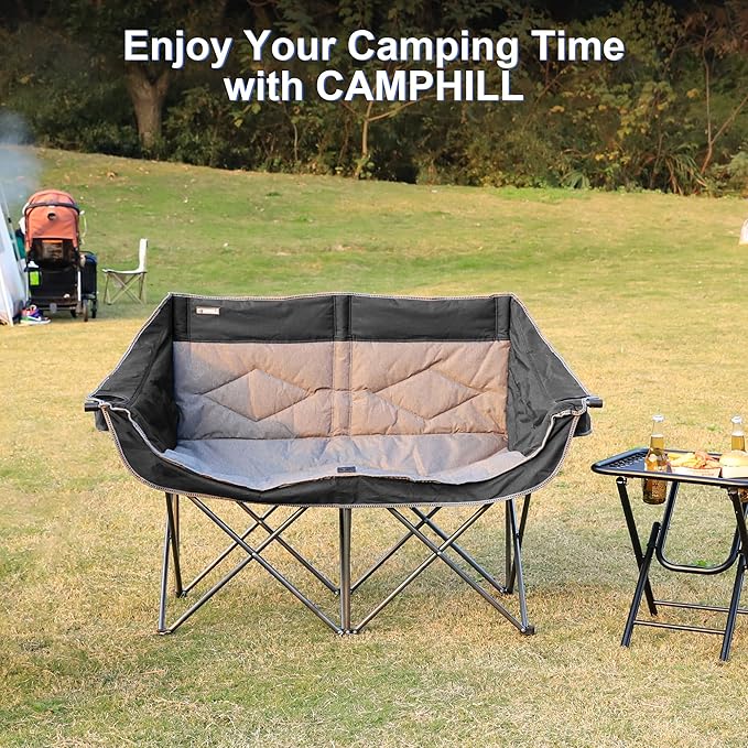 Oversized Double Camping Chair-Heavy Duty 2 Person Folding Loveseat Camp Couch for AdultsPortable Outdoor Lawn Chairs with Padded Seat for FishingSports and PatioSupports 500 LBSBlack