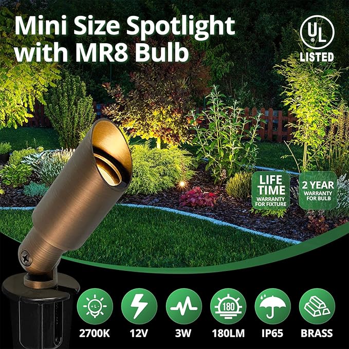 GKOLED Mini Size Brass Landscape Spotlight Low Voltage 12V AC/DC Outdoor Directional Up Light 180 LM 3W MR8 LED Bulb ABS Ground Stake 2700K Warm White Garden Patio Trees Spot Uplight