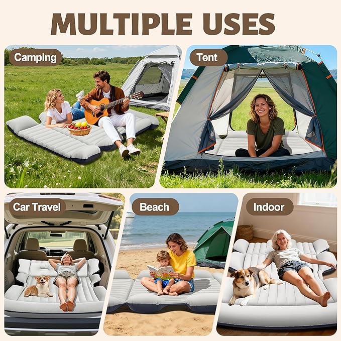 SUV Air Mattress Thickened Car Air Mattress with Electric Pump Air Mattress for SUVs with 2 Pillows Flocking Inflatable Bed for Cars car Bed for SUV Trunk Camping Road Trip (Gray)